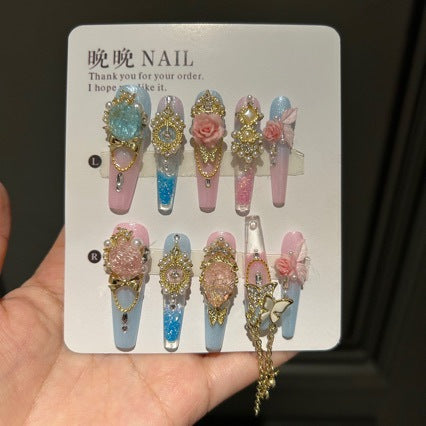 Handmade Pink Blue Ombre Gold Rose Long Coffin Press On Nails with Crystals & Chains