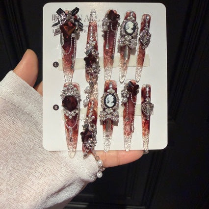Handmade Burgundy Ombre Long Stiletto Press On Nails, Vintage Cameo Portrait False Nails with Dark Roses, Pearls & Dangling Chains