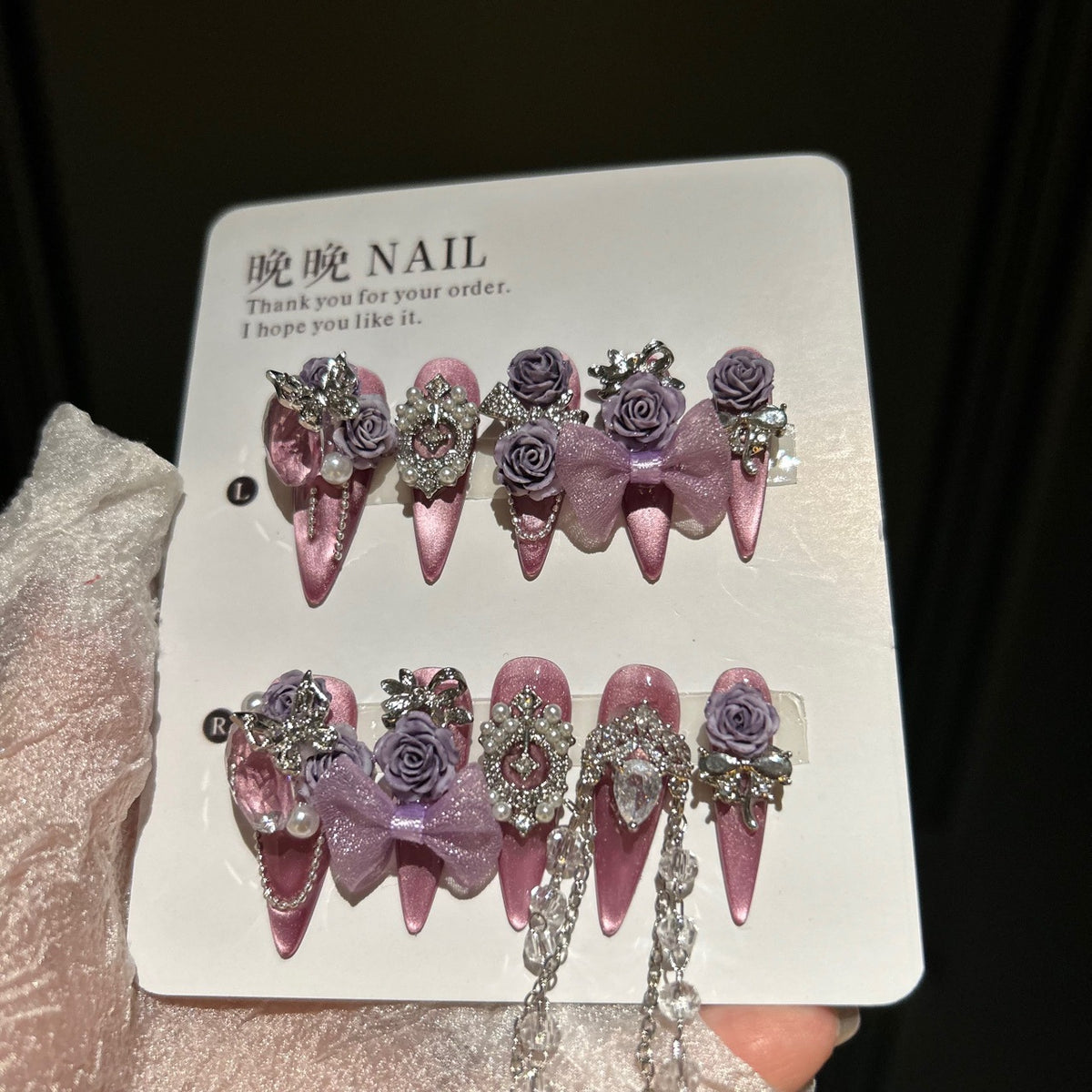Mauve Pink Cat Eye Stiletto Press-on Nails with 3D Dusty Purple Roses, Sheer Organza Bow, Vintage Frame, and Crystal Draping Chain - Luxury Glam Fake Nail Set