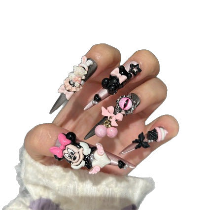Pink & Black Cat Eye Stiletto Press-on Nails with 3D Cartoon Mouse, Cute Bear, Evil Eye, Cherry Charm, Ice Cream, and Bows - Y2K Sweet Cool Fake Nail Set
