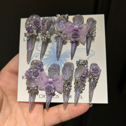 Handmade Purple Glitter Rose Bow Long Stiletto Press On Nails with Rhinestones & Pearls