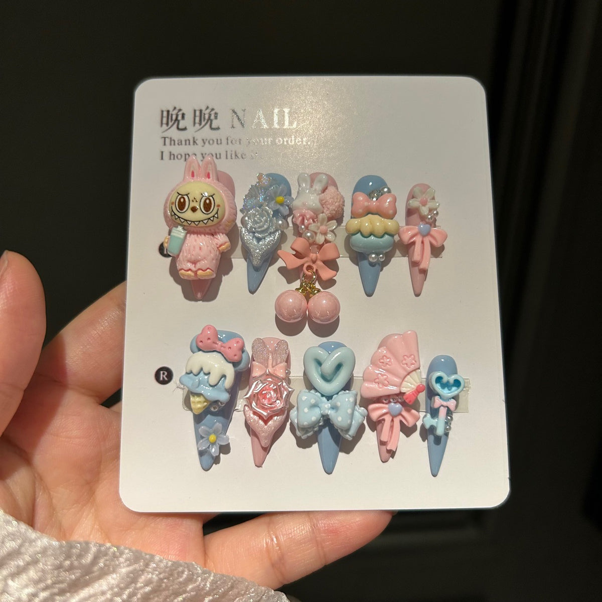 Handmade Cute Pink Blue Labubu Character Long Stiletto Press On Nails with 3D Charms & Bows