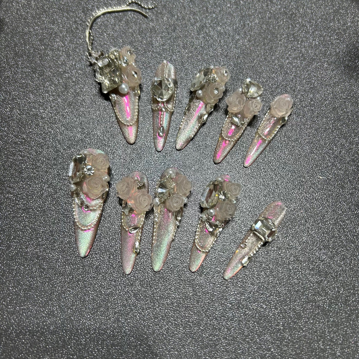 Handcrafted Designer Nude Pink Press-on Nails - Shimmering Cat Eye Base with Heavy 3D Rose Flowers, Crystals and Pearl Drops
