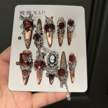 Handmade Vintage Rose Press On Nails | Luxury Heavy Industry 3D Flower & Gemstone Reusable Fake Nails, Dark Champagne Cat Eye Nail Art