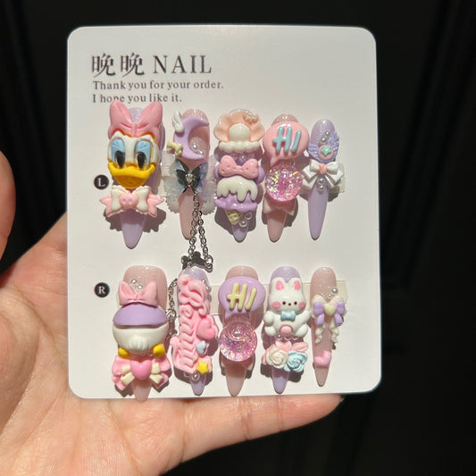 Pastel Purple & Pink Stiletto Press-on Nails with 3D Daisy Duck, Cute Bunny, Ice Cream, Speech Bubble, and Interlinked Chain - Y2K Kawaii Fake Nail Set