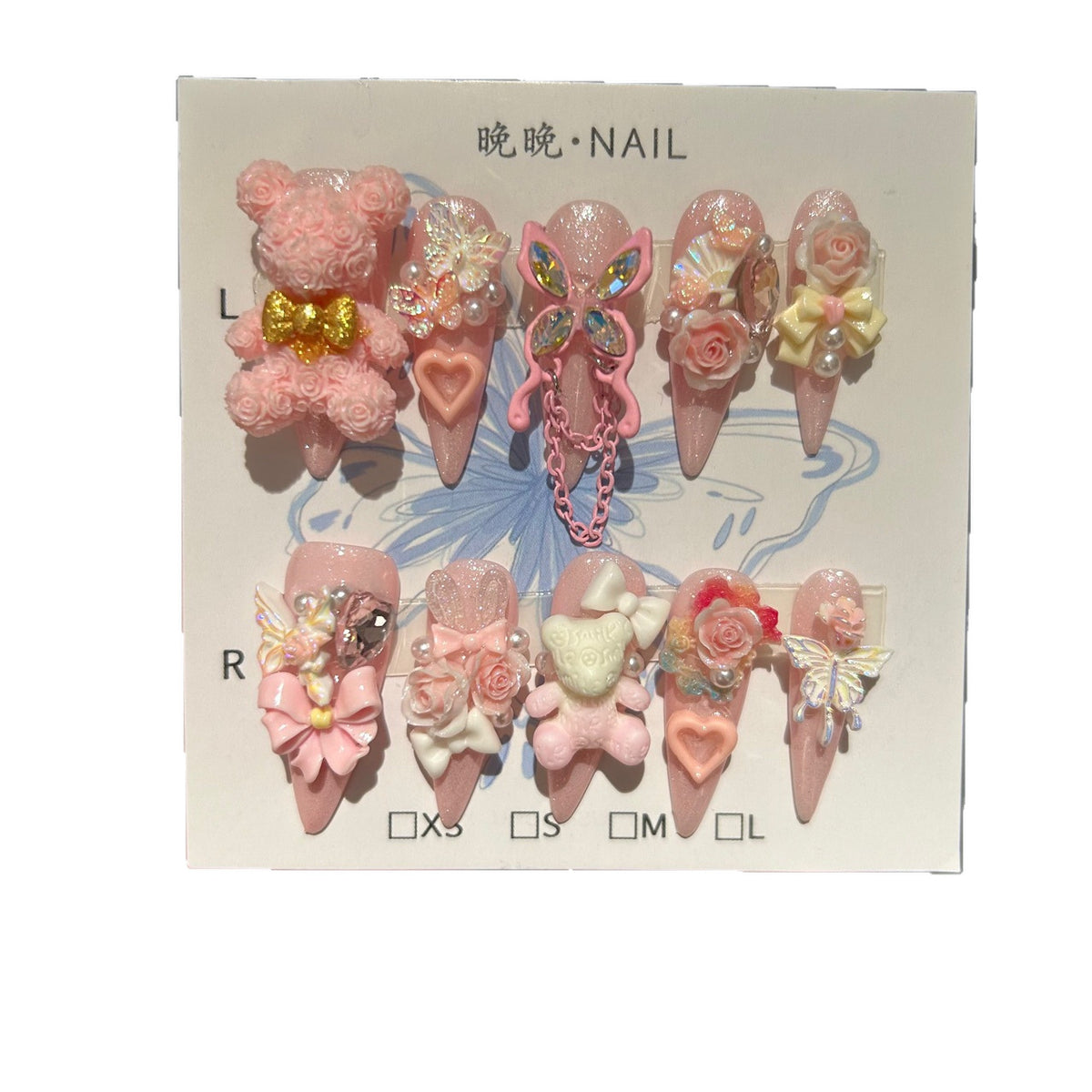 Handmade Pink Glitter Long Stiletto Press On Nails with 3D Rose Bear Charms, Butterfly Ornaments, 3D Roses, Bows, Heart Gems & Pink Chain