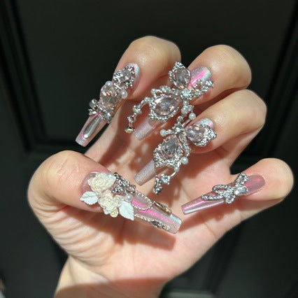 Handmade Pink Aurora Iridescent Press On Nails, Long Stiletto Fairy Princess False Nails with Large Pink Teardrop Rhinestones, 3D Silver Butterfly Charms, Cream Roses, Pearls & Silver Crystal Chains, Reusable Fake Nails for Wedding, Prom & Party