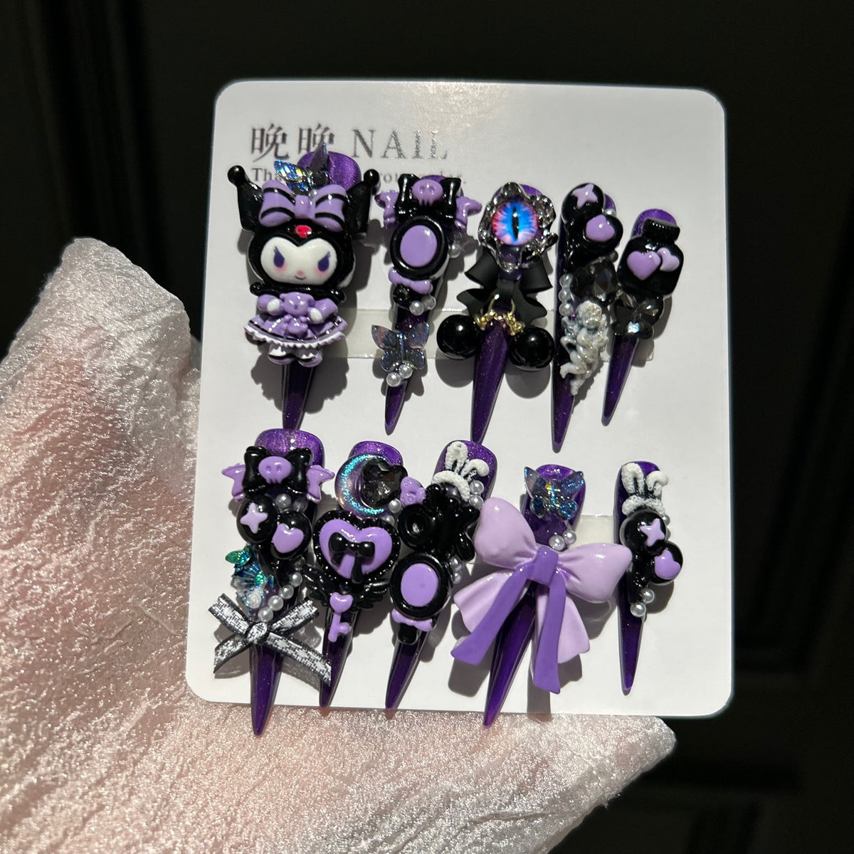 Handmade Purple Black Long Stiletto Press On Nails with 3D Kuromi Charms, Evil Eye, Bows, Skulls & Butterfly Rhinestones