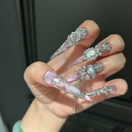 Handmade Pink Cat Eye Cameo Portrait Anime Print Long Stiletto Press On Nails with Silver Rhinestone & Pearl Charms