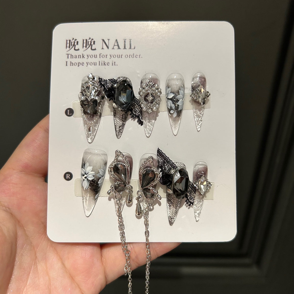 Handmade Smoky Grey Ink Wash Long Stiletto Press On Nails with Black Lace, White Floral & Giant Crystal Charms