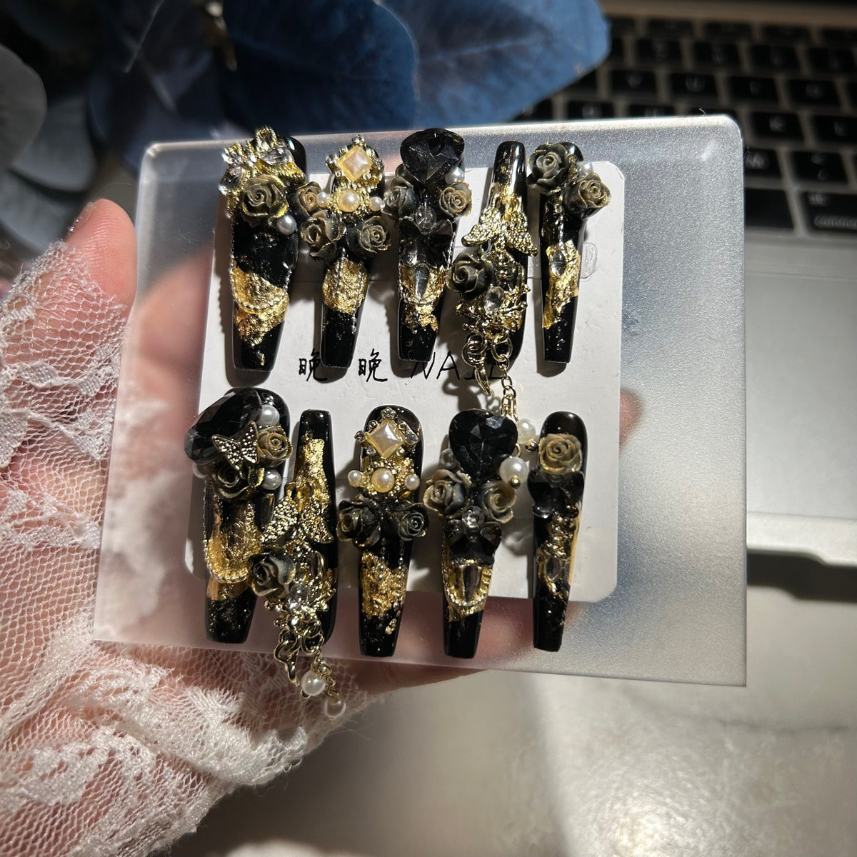 Handmade Black Gold Gothic Rose Long Coffin Press On Nails with Heart Gems & Chains