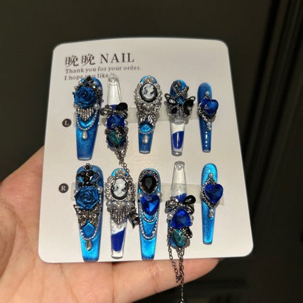 Handmade Royal Blue Vintage Long Coffin Press On Nails, Cameo Portrait False Nails with 3D Blue Rose, Butterfly, Pearls & Dangling Chains