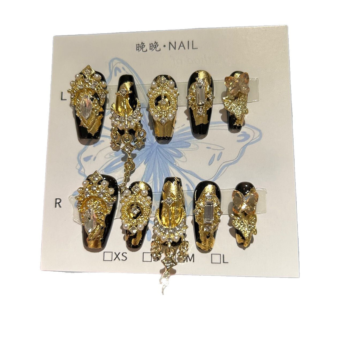 Handmade Black Gold Foil Long Coffin Press On Nails with Gold Butterfly Charms, Luxury Crystal & Pearl Clusters, Dangling Gold Chains