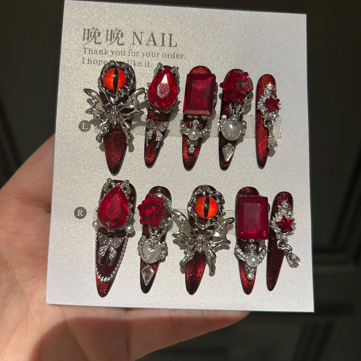 Handmade Red Demon Eye Long Stiletto Press On Nails, Red Gem Butterfly False Nails with Pearls & Chains