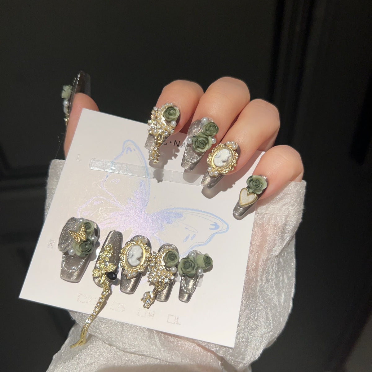Handmade Vintage Dark Grey Glitter Long Coffin Press On Nails with 3D Olive Green Roses, Cameo Portrait Charms, Gold Metal Ornaments, Pearls & Dangling Tassels