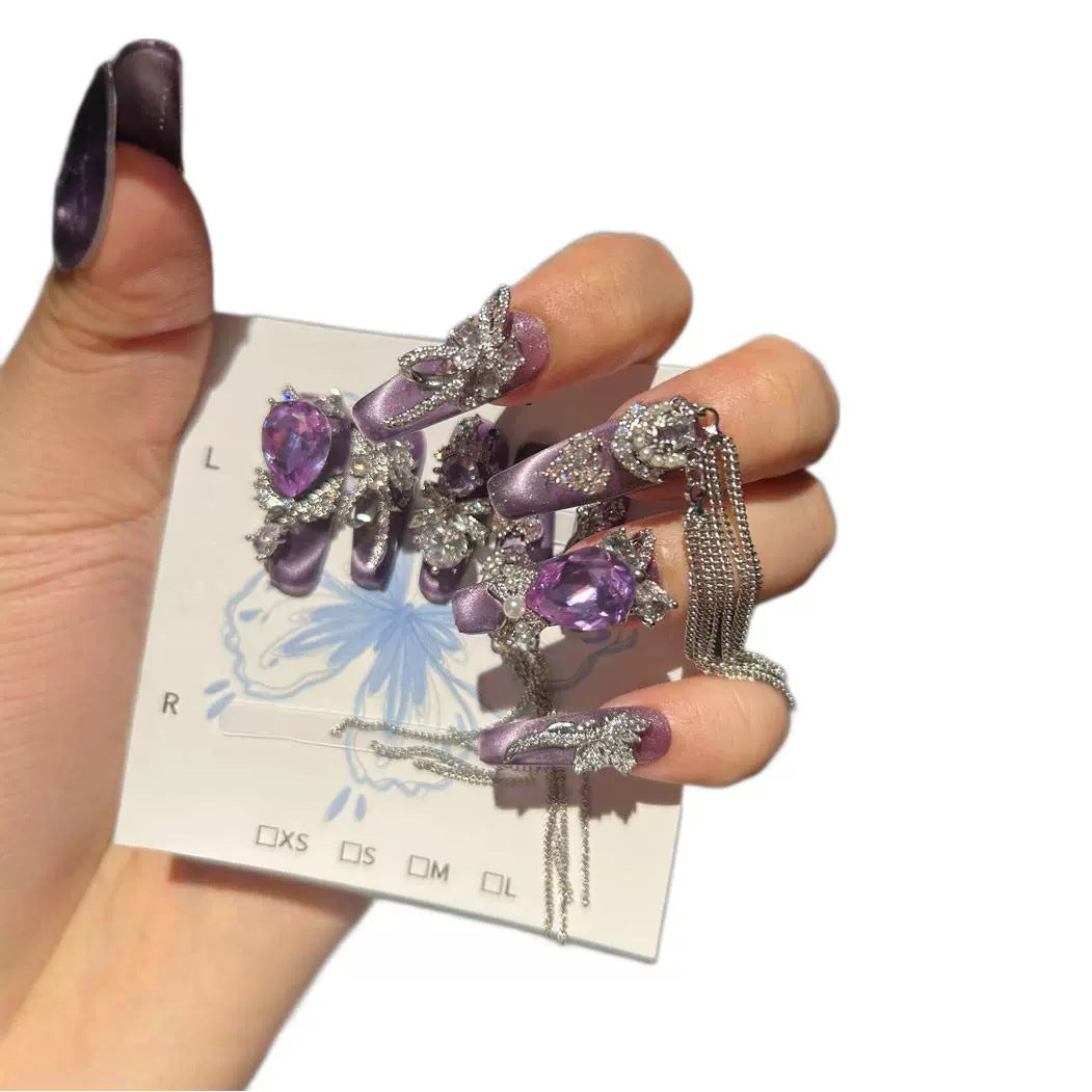 Handmade Purple Metallic Long Square Press On Nails with Giant Teardrop Purple Crystals, Silver Rhinestone Bows, Crown Charms & Long Tassel Chains