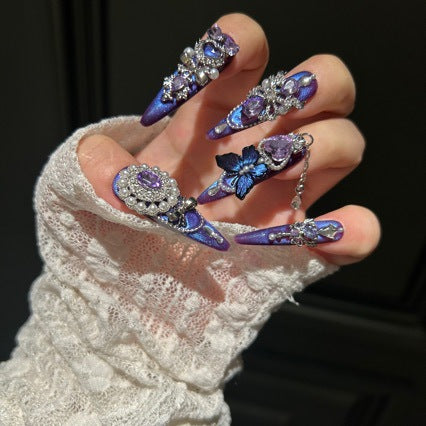 Handmade Purple Blue Chrome Long Stiletto Press On Nails with Large Purple Heart Crystals, Blue Butterfly Charms, Pearls & Dangling Silver Chains