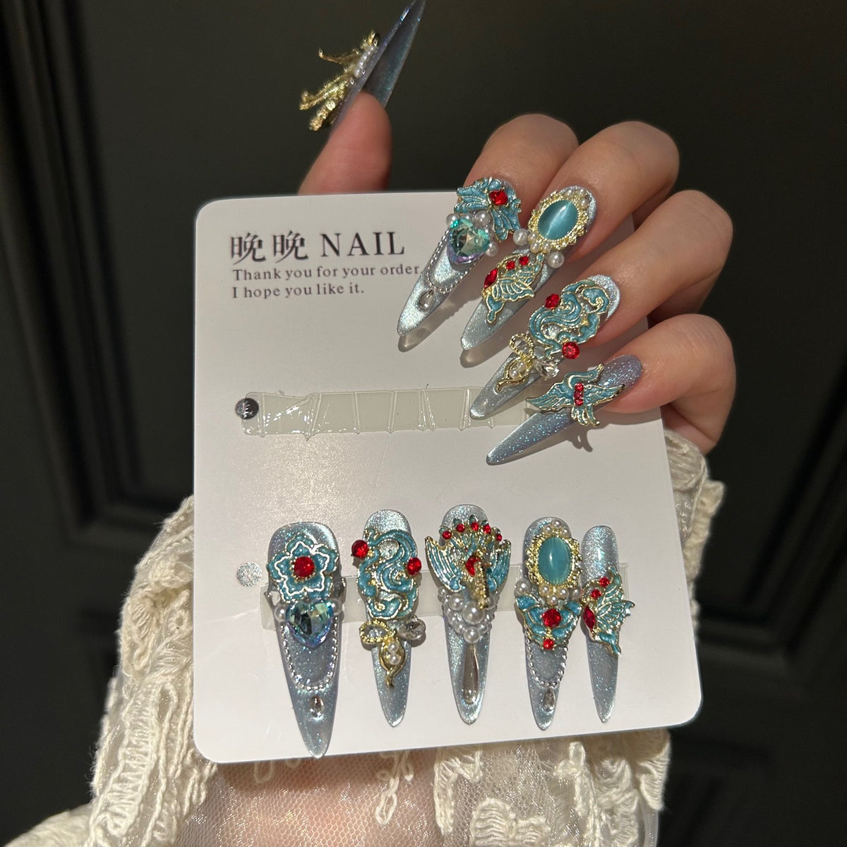 Handmade Silver Cat Eye Long Stiletto Press On Nails with Vintage Chinese Style Gold & Teal Metal Charms, Red Rhinestones, Cat Eye Gem & Pearls