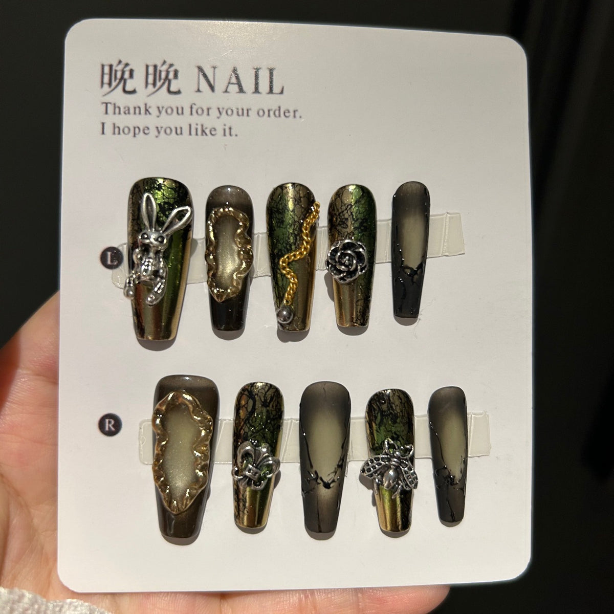 Handmade Moss Green Metallic Long Coffin Press On Nails with Silver Bunny, Bee & Rose Charms, Crackle Texture, Gold Frame Decor