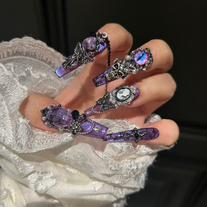 Handcrafted Luxury Purple Gothic Press-on Nails - Baroque Style Cameo, Pearl, and Evil Eye Charms - Exquisite Nail Art Kit