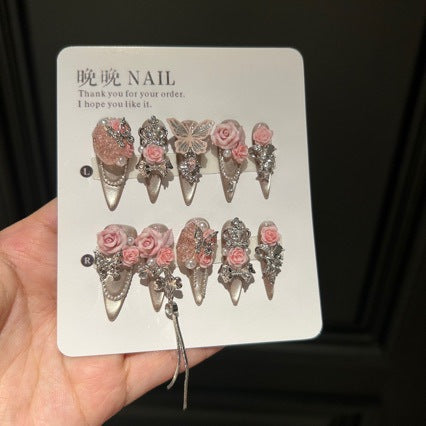 Handmade Champagne Cat Eye Long Stiletto Press On Nails with 3D Pink Roses, Lace Butterfly & Rhinestone Chain Charms