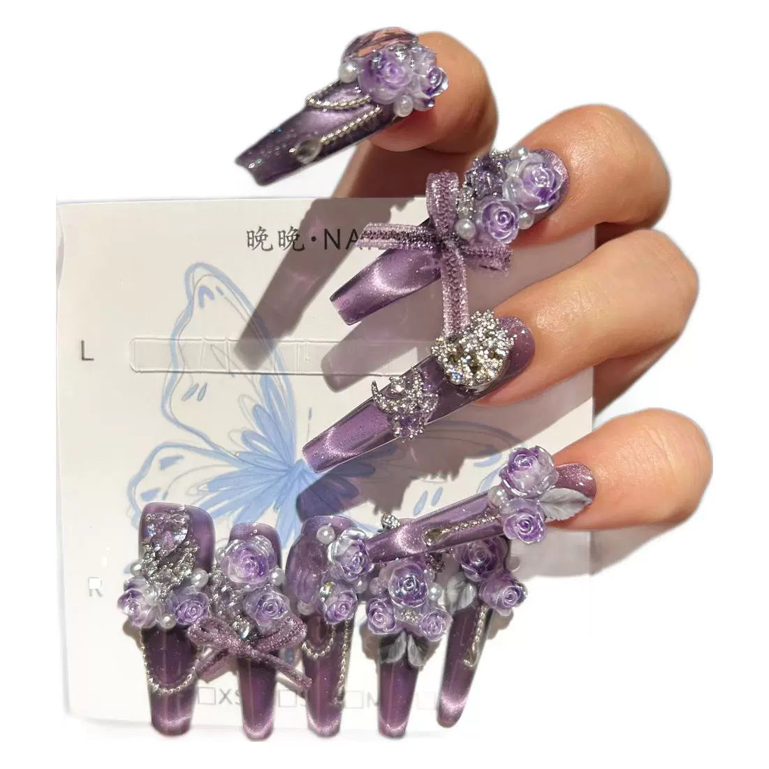 Handmade Purple Cat Eye Press On Nails, Long Coffin Fairy False Nails with 3D Purple Roses, Pearls, Rhinestones & Dangling Chains, Reusable Fake Nails for Wedding Party