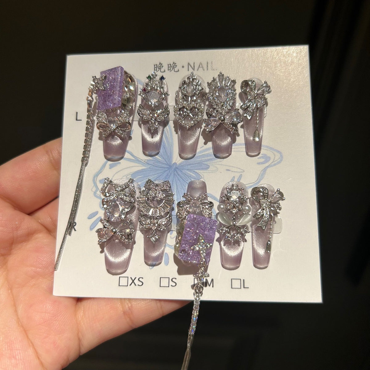 Handmade Light Lavender Metallic Long Coffin Press On Nails with Purple Crushed Stone Accents, Silver Rhinestone Moon & Bow Charms, Long Tassel Chains