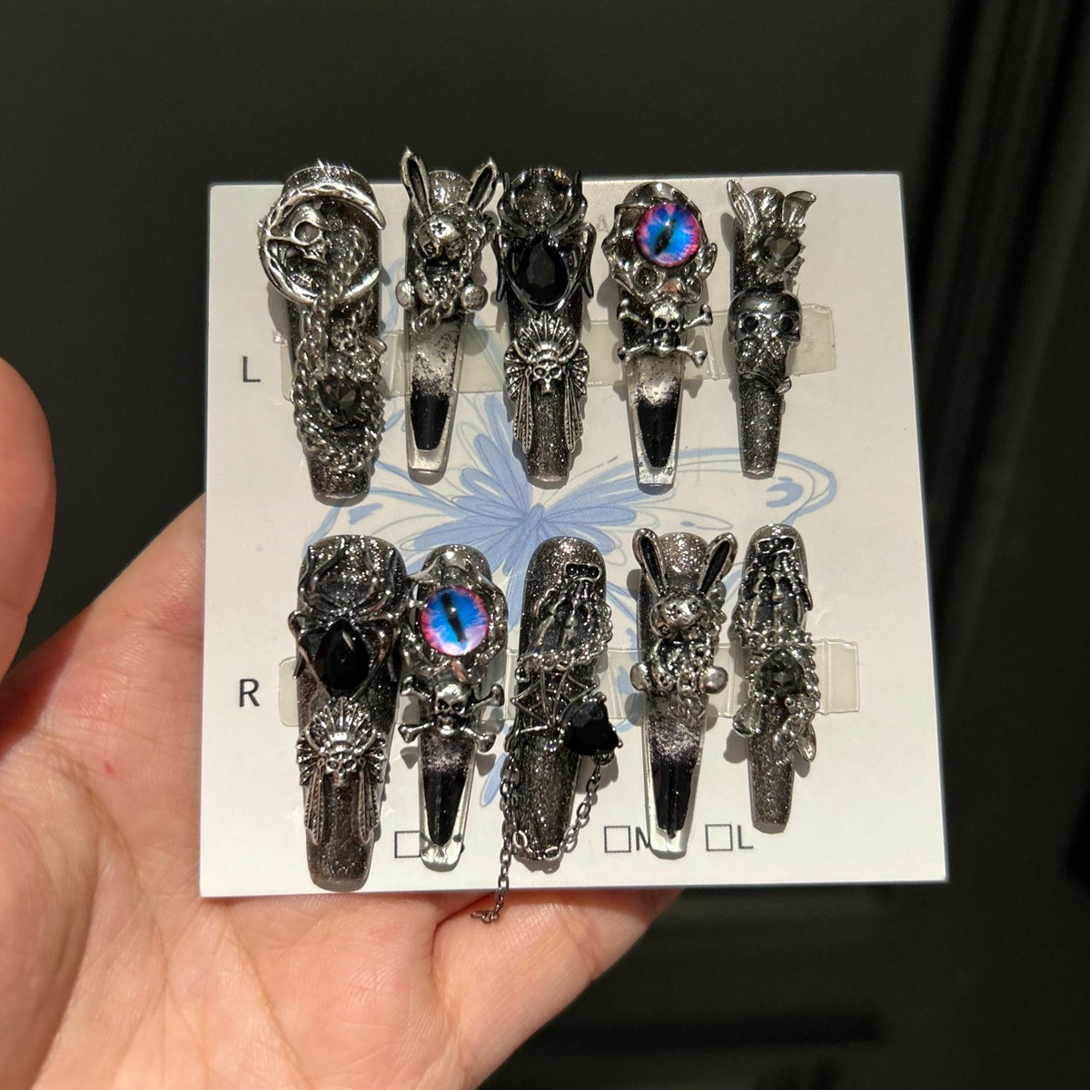 Handmade Black Smoky Glitter Long Coffin Press On Nails with Demon Eye, Skull, Spider & Gothic Rabbit Metal Charms