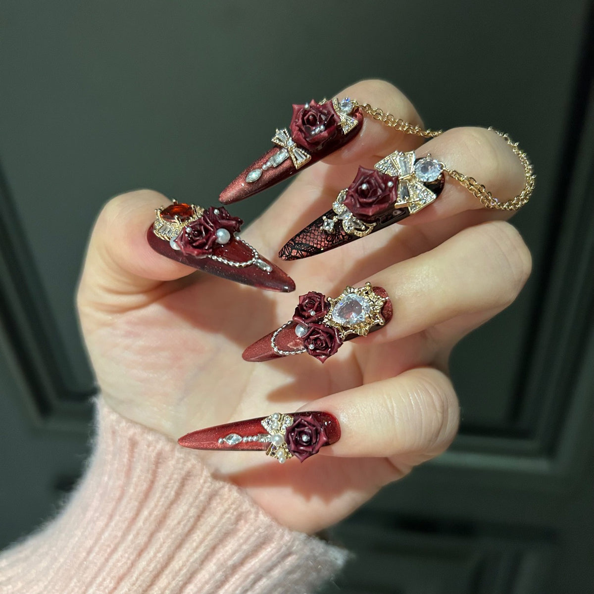 Handcrafted Designer Burgundy Press-on Nails - Metallic Cat Eye Base with Heavy 3D Floral, Rhinestones and Interconnected Chains