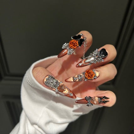Handmade Vintage Orange Cat Eye Press On Nails | Luxury Heavy Industry 3D Rose, Crown & Chain Reusable Fake Nails, Goth Nail Art