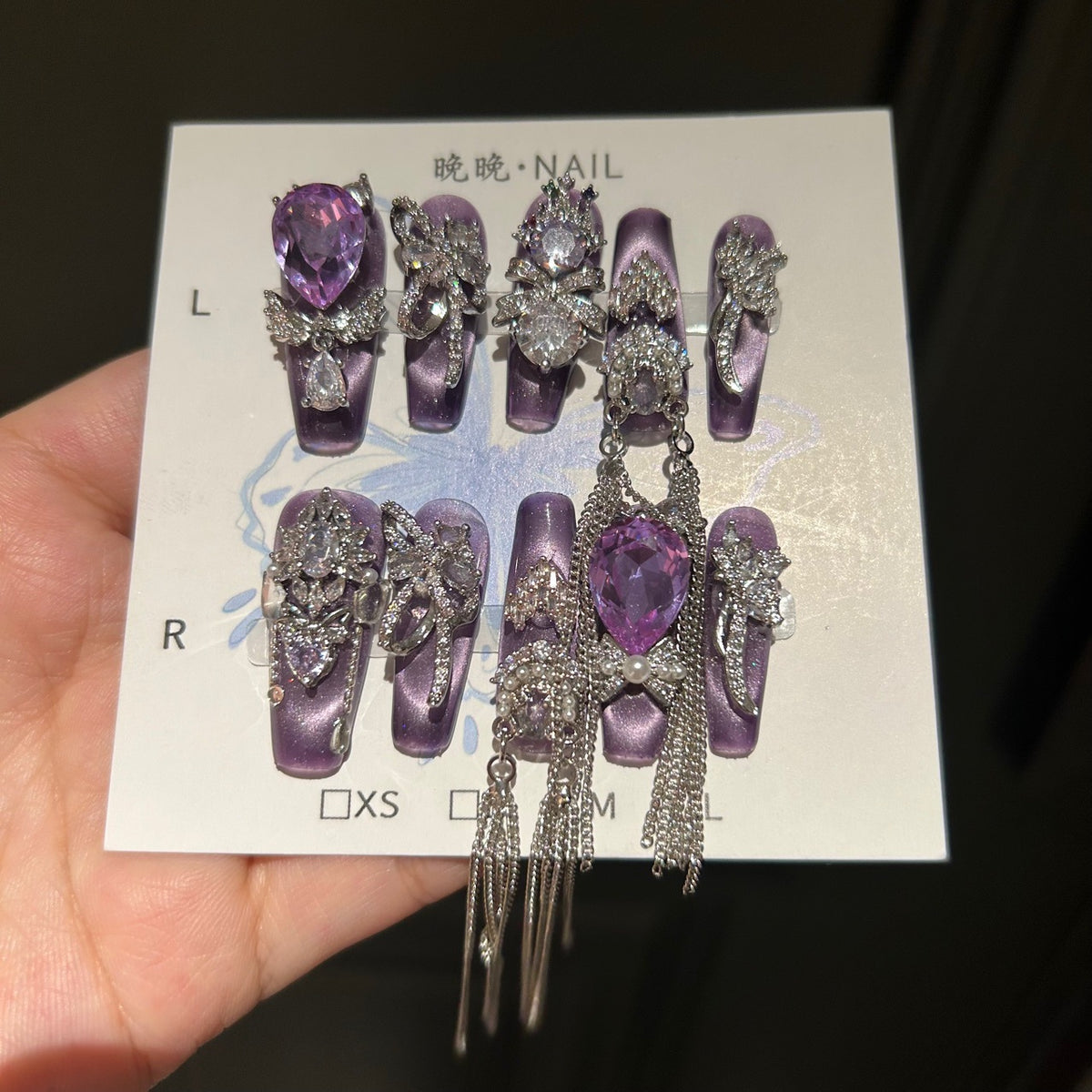 Handmade Purple Metallic Long Square Press On Nails with Giant Teardrop Purple Crystals, Silver Rhinestone Bows, Crown Charms & Long Tassel Chains