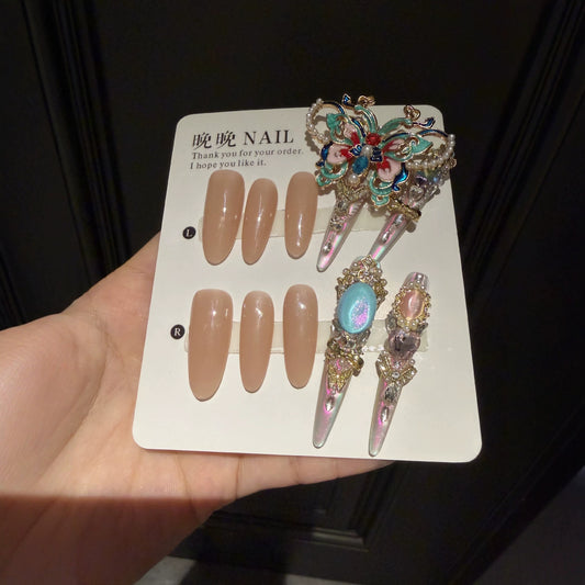 Nude and Iridescent Cat Eye Press-on Nails with 3D Giant Enamel Butterfly and Gem Charms - Luxury Statement Fake Nail Set