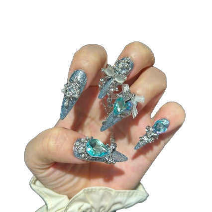 Ice Blue Cat Eye Stiletto Press-on Nails with 3D Blue Crystal Gem, Pearls, Bowknot, and Hanging Chain Charms - Luxury Statement Fake Nail Set