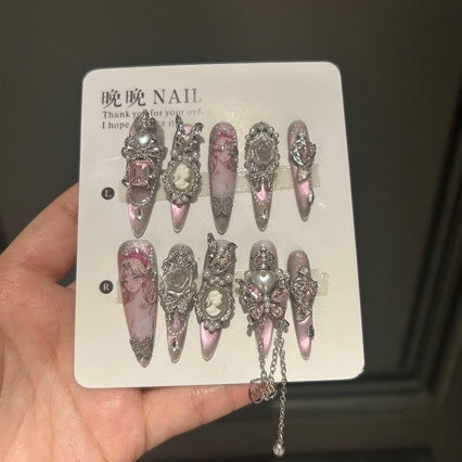 Handmade Pink Cat Eye Cameo Portrait Anime Print Long Stiletto Press On Nails with Silver Rhinestone & Pearl Charms