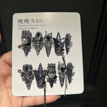 Grey-Purple Cat Eye Stiletto Press-on Nails with 3D Butterfly, Pearl, and Chain Charms - Luxury Gothic Fake Nail Set