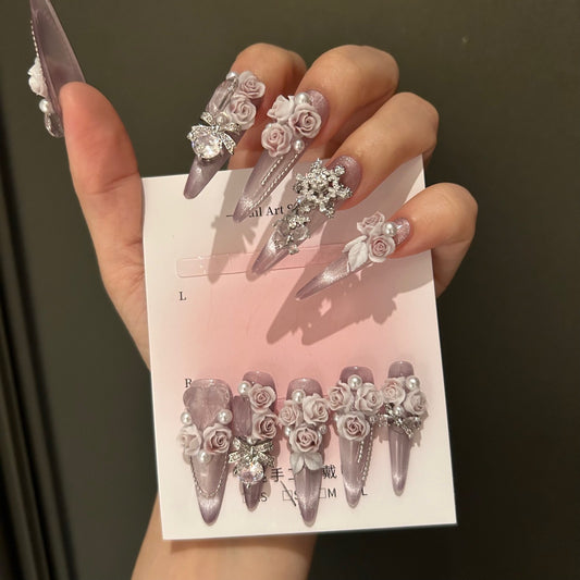 Handmade Mauve Pink Cat Eye Press On Nails, Long Stiletto Romantic Princess False Nails with 3D Dusty Roses, Pearls, Rhinestone Bow & Star Charms, Reusable Fake Nails for Wedding & Party
