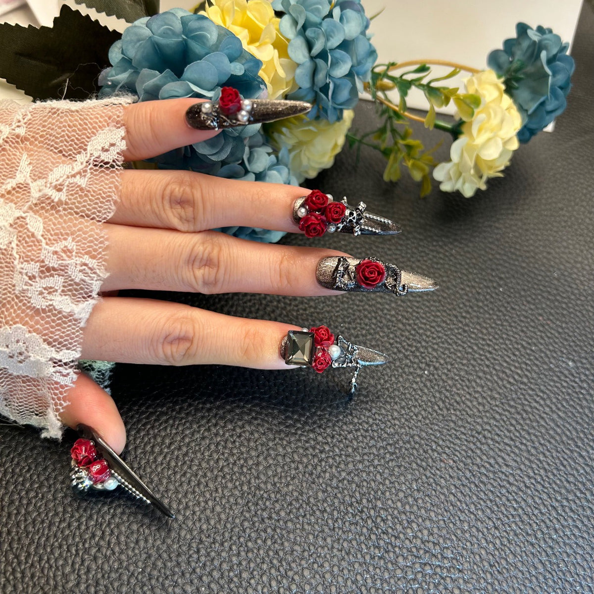 Handmade Metallic Black Long Stiletto Press On Nails with 3D Red Roses, Snake & Pearl Charms