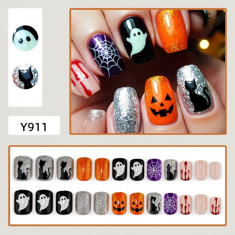 New Halloween fake nail patch soft cute ghost pumpkin lamp bat skull manicure wear armor