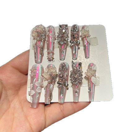 Handmade Pink Aurora Long Coffin Press On Nails, 3D White Rose False Nails with Large Pink Gems, Pearls & Silver Rhinestones