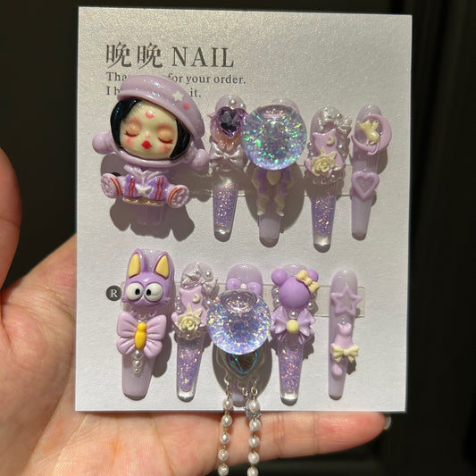 Handmade Light Purple Glitter Long Coffin Press On Nails with 3D Cartoon Doll, Rabbit, Shaker Bubble & Bow Charms