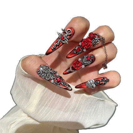 Handmade Red Black Metallic Long Stiletto Press On Nails with 3D Red Roses, Snake Charms, Red Crystals, Silver Rhinestones & Dangling Metal Chains