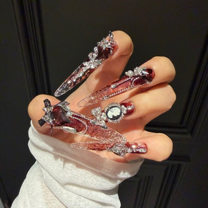 Handmade Burgundy Ombre Long Stiletto Press On Nails, Vintage Cameo Portrait False Nails with Dark Roses, Pearls & Dangling Chains