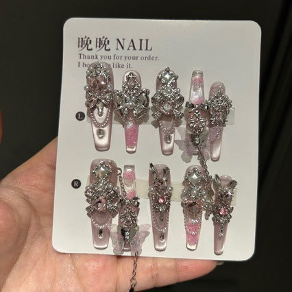 Handmade Baby Pink Gradient Long Coffin Press On Nails with Silver Filigree, Pink Crystals & Sheer Butterfly Charms
