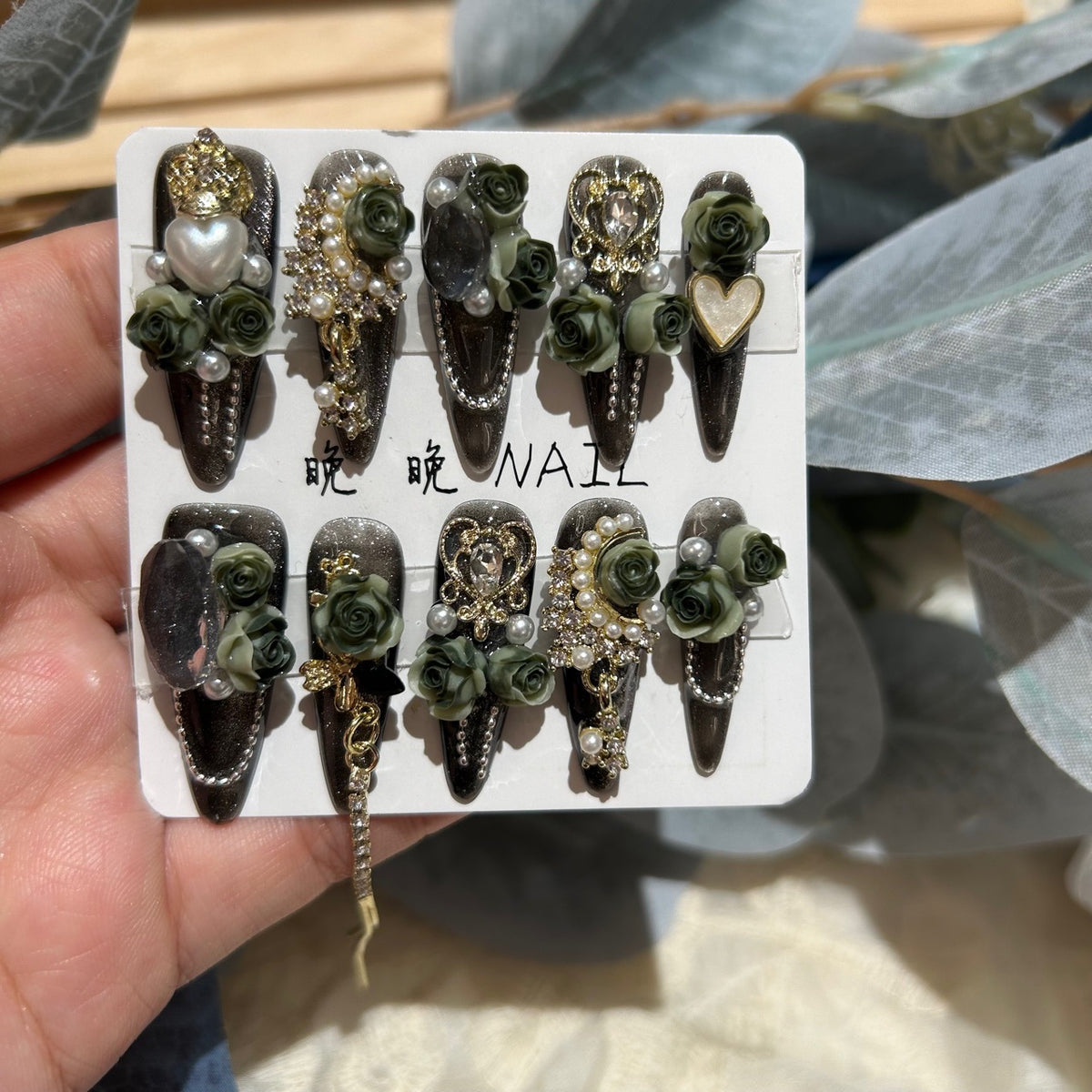 Handmade Dark Smoky Glitter Long Stiletto Press On Nails with 3D Olive Green Roses, Gold Filigree Charms, Pearls & Dangling Tassels