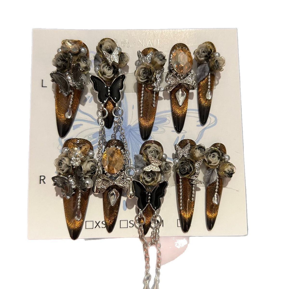 Handmade Golden Cat Eye Long Stiletto Press On Nails with 3D Smoky Roses, Black Butterfly Charms, Amber Crystals & Hanging Chains