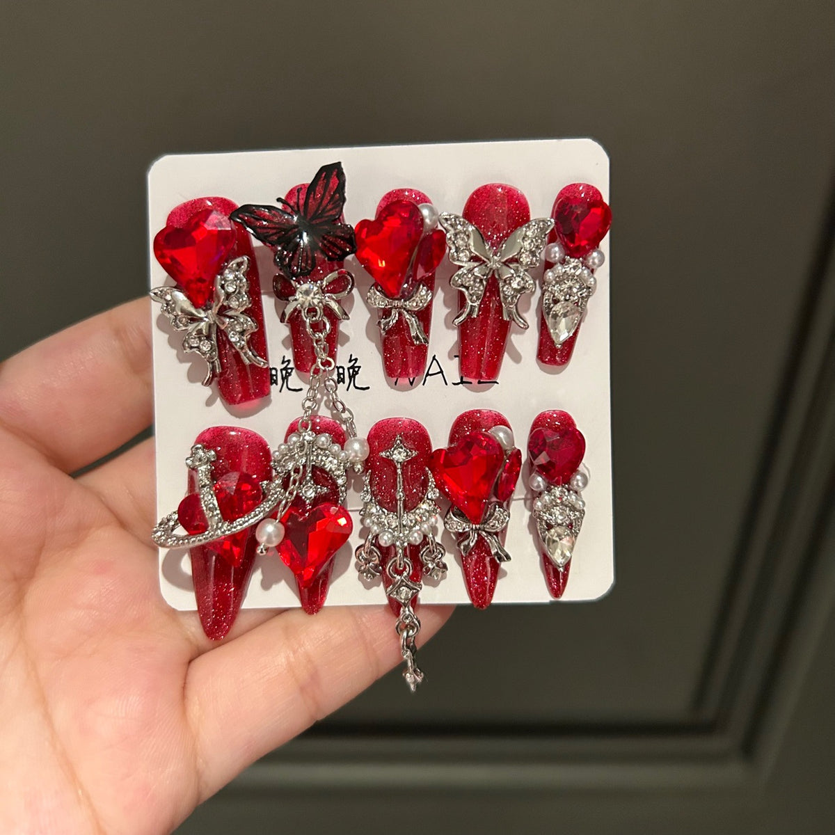 Handmade Red Glitter Long Coffin Press On Nails with Giant Red Heart Crystals, Butterfly Charms & Silver Dangling Chains