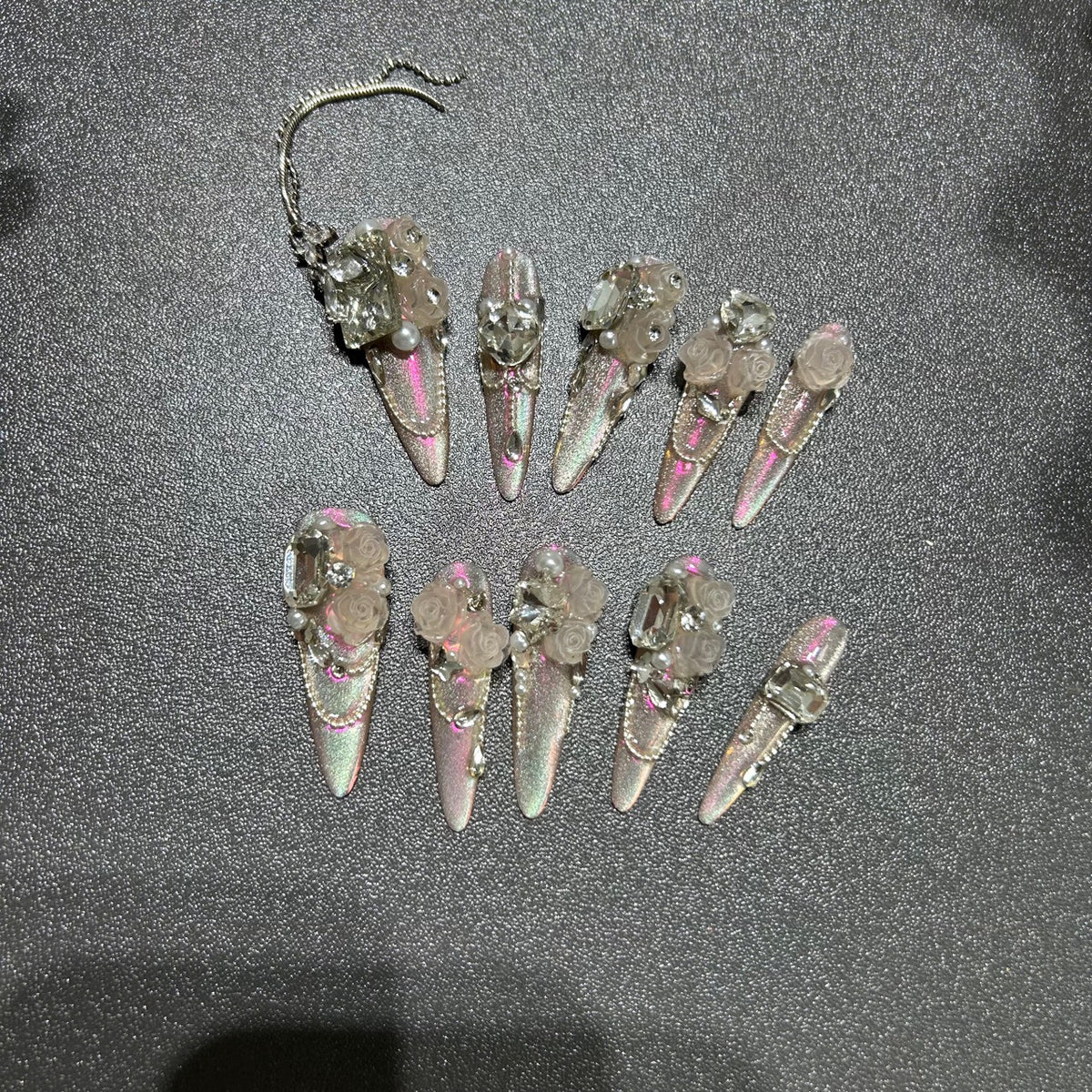 Handcrafted Designer Nude Pink Press-on Nails - Shimmering Cat Eye Base with Heavy 3D Rose Flowers, Crystals and Pearl Drops