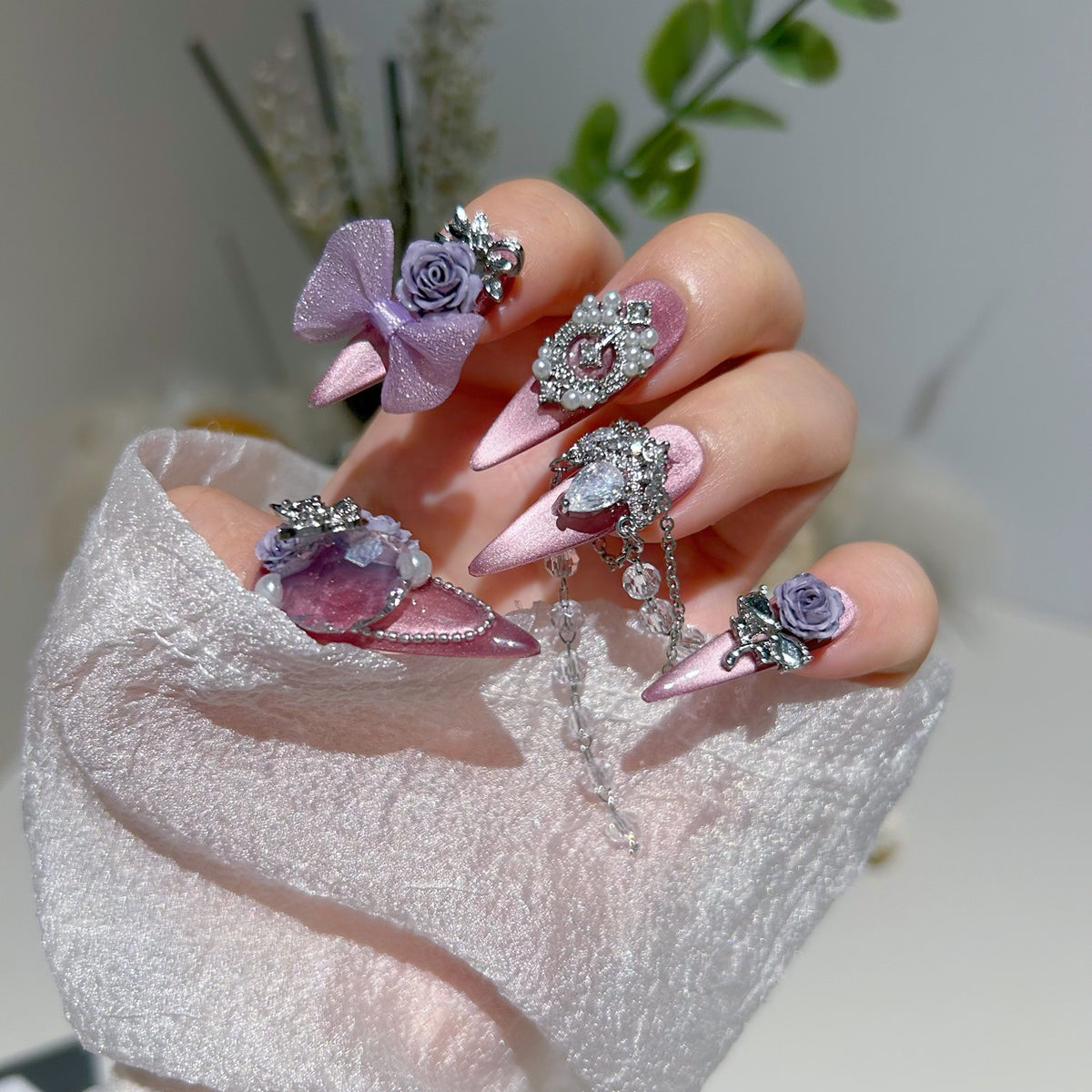 Mauve Pink Cat Eye Stiletto Press-on Nails with 3D Dusty Purple Roses, Sheer Organza Bow, Vintage Frame, and Crystal Draping Chain - Luxury Glam Fake Nail Set