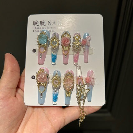 Handmade Pink Blue Ombre Gold Rose Long Coffin Press On Nails with Crystals & Chains