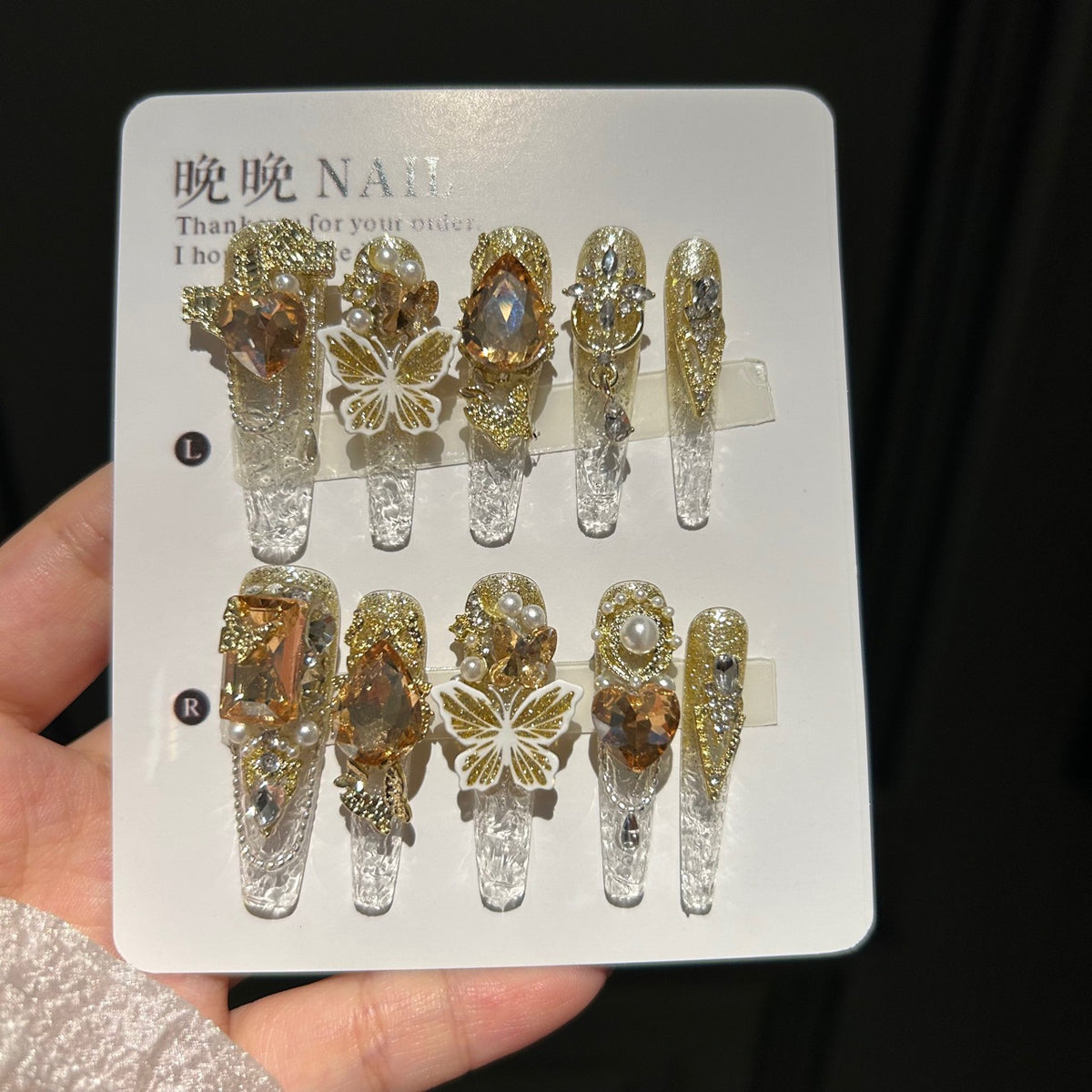 Handmade Clear Gold Glitter Long Stiletto Press On Nails, 3D White Butterfly False Nails with Champagne Heart Gems, Pearls & Rhinestones